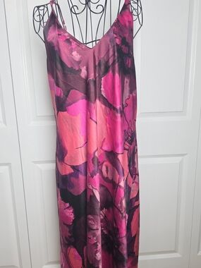 Natori Pink Floral Satin Slip Dress XL Maxi Bias Cut Lingerie Nightgown